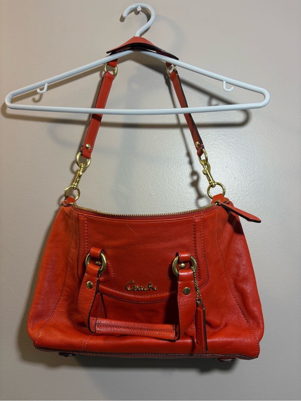 Coach Orange-Red Leather Shoulder Bag with Gold Hardware